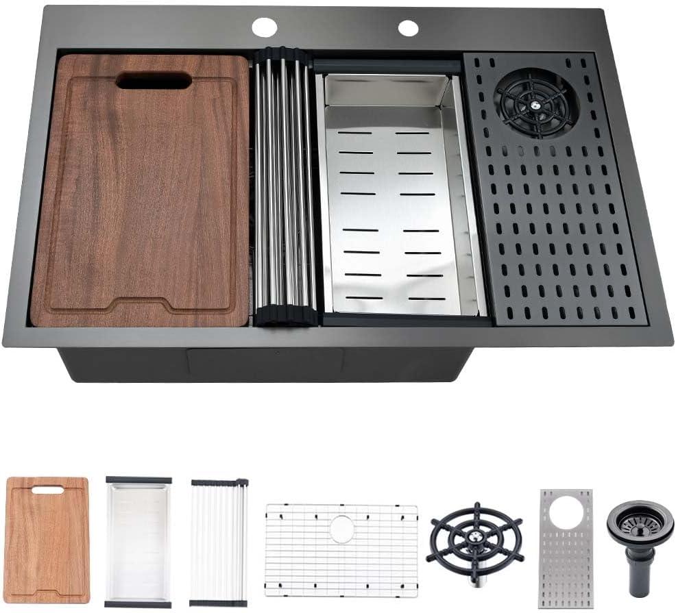 Black Kitchen Sink with Cup Washer-Hovheir 31x20 Black Stainless Steel Drop In Kitchen Sink Workstation 16 Gauge Deep Single Bowl Top Mount Sinks with Grass Rinser, Cutting Board, 31"x20"x10"