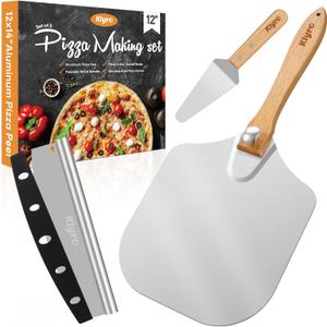 Pizza Peel Aluminum Pizza Spatula Set, 12 x 14 Inch Metal Pizza Paddle with Foldable Wooden Handle, Pizza Rocker Cutter, Pizza Server, Pizza Oven Accessories for Baking Homemade Pizza Bread