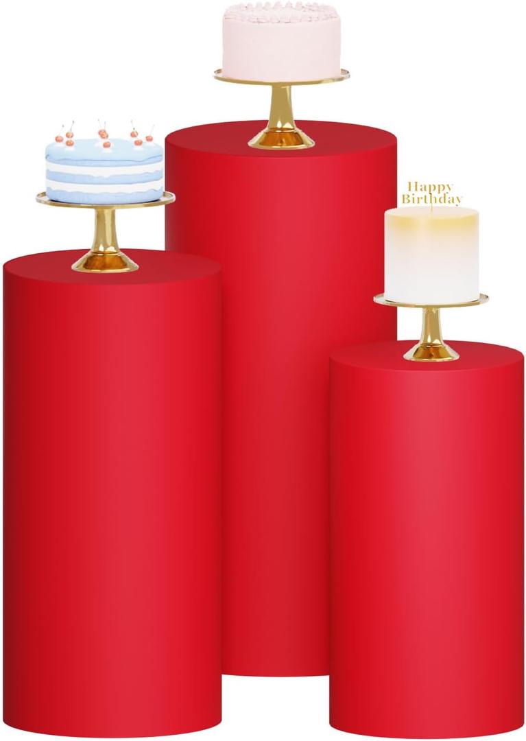 Cylinder Pedestal Covers Set of 3 Christmas Red Cylinder Stand Covers for Parties, Wedding, Birthday Cake