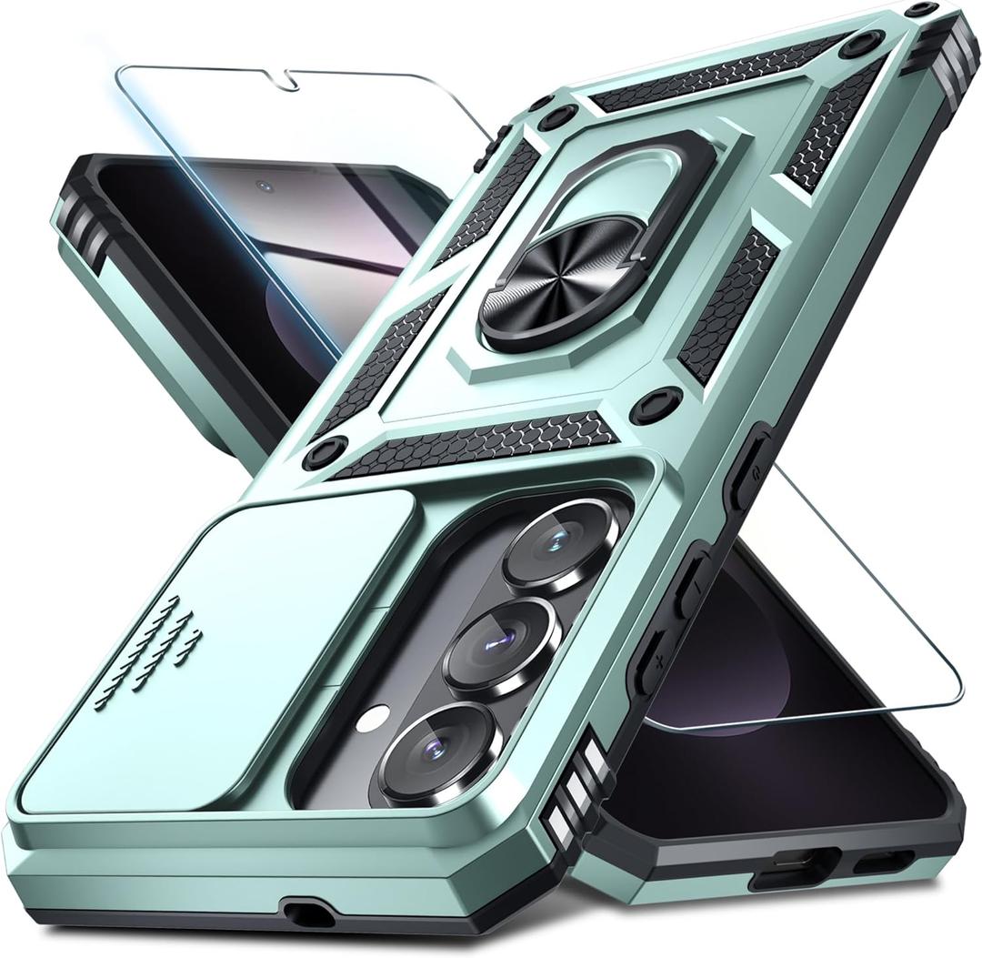 Janmitta Compatible with Samsung Galaxy S26 Case Built in Slide Camera Lens Cover+Screen Protector+Finger Ring Holder Kickstand,Heavy Duty Shockproof Full Body Phone Cover,2026 Dark Green