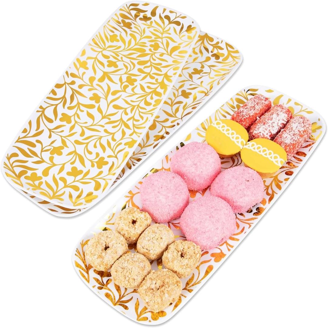 Prestee Disposable Gold Serving Trays for Parties, 3 Pack - Elegant Plastic Trays for Serving Food, 13x9 In. Dessert Platters, Gold Platters for Weddings, Holiday Events, Buffets, and Dessert Tables (3ct Gold)