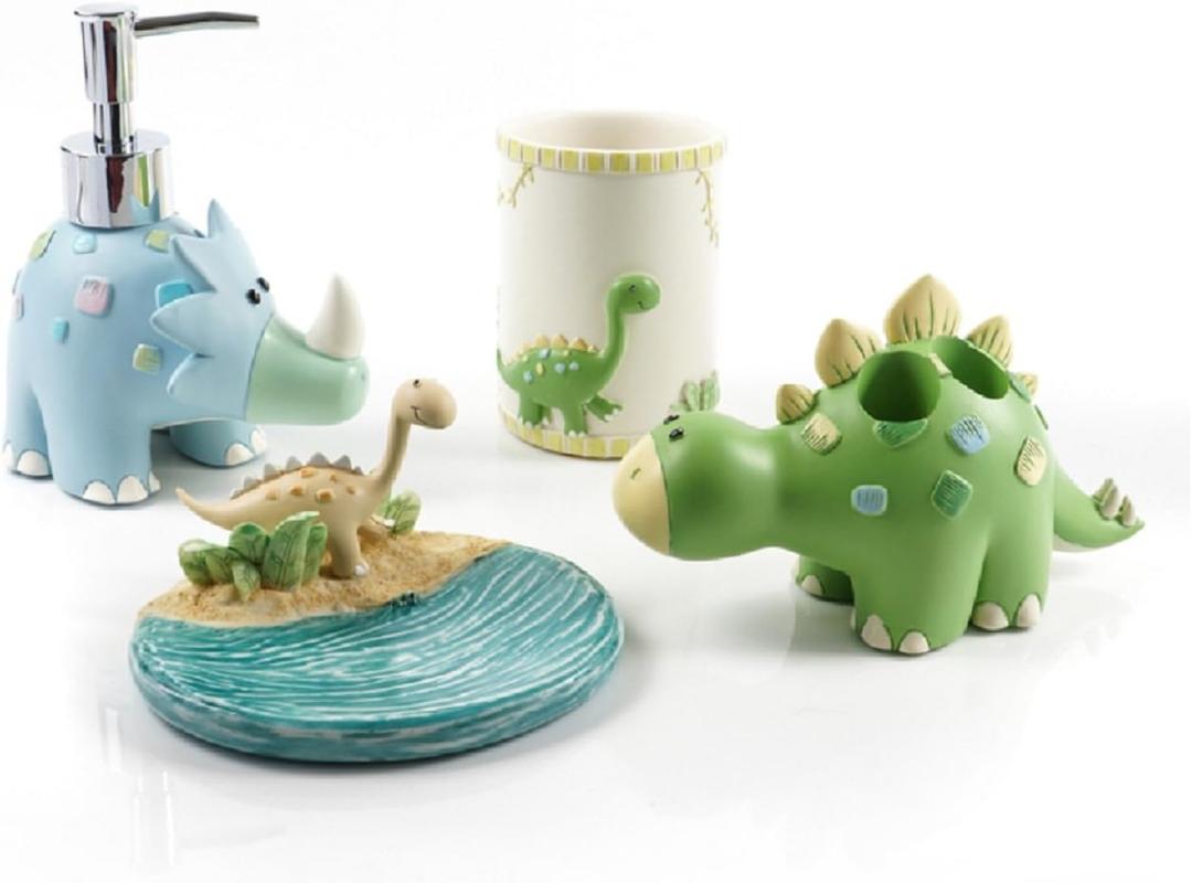 Wendin Cartoon Series Bath Accessory Set, Soap Dispenser Pump, Toothbrush Holder, Tumbler, Soap Dish Resin Art Color Decoration (Dinosaur 4 Pieces)