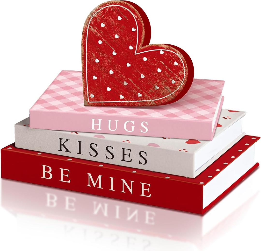 Thyle 4 Pcs Valentine's Day Decorative Books Wooden Heart Table Block Sign Fake Faux Aesthetic Coffee Table Books Decoration for Valentine Wedding Party Office Home Shelf Decor