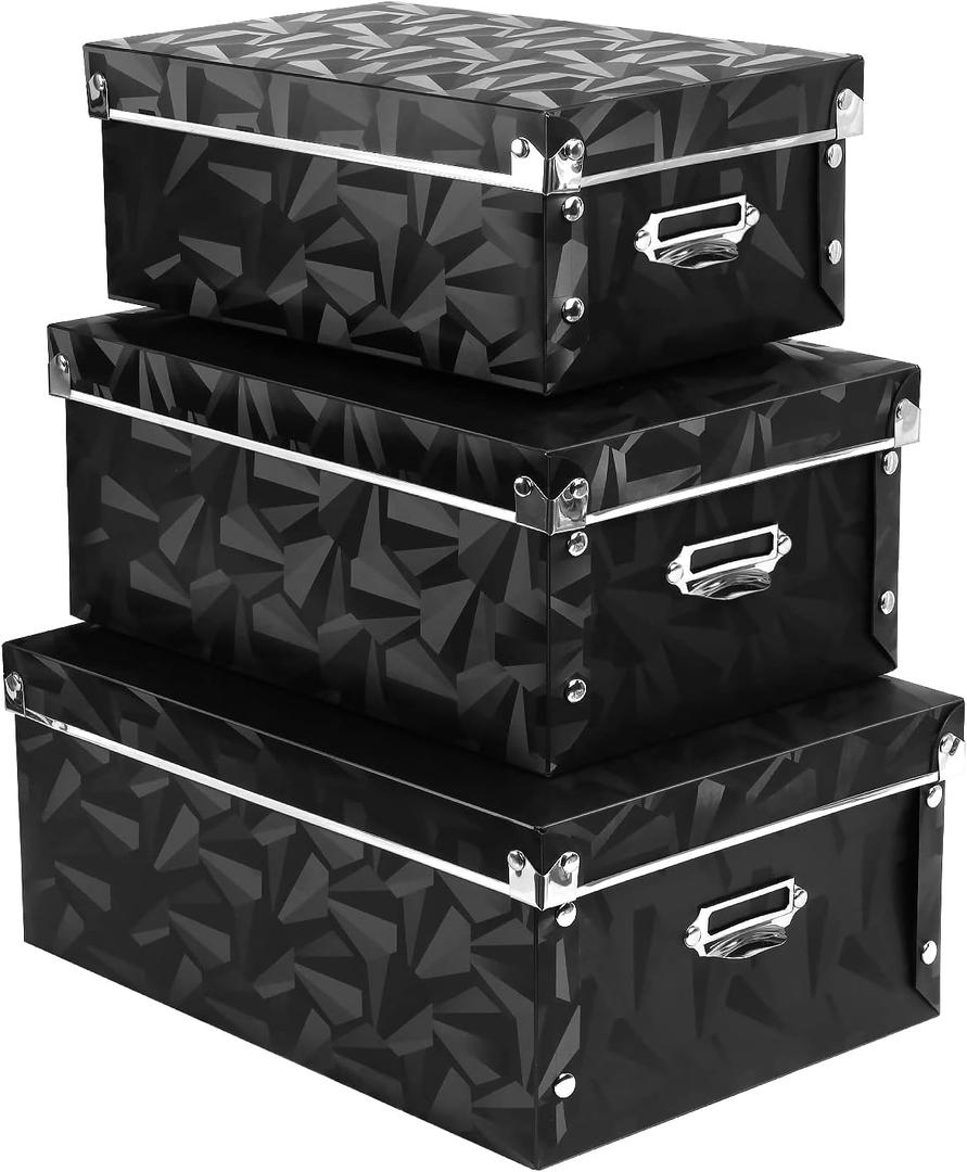 XUCHUN Foldable Storage Boxes with Lids 3 Pack Plastic Collapsible Storage Bins with Handles for Clothes, Cosmetic,Books (Black 3 pcs)