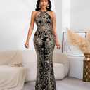 Cololura Women Sexy Elegant Sequin Tassel Off Shoulder Halter Bodycon Maxi Dress Party Evening Gown Formal Dress (Black, 3XL)