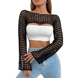 CAMNOW Womens Crochet Crop Tops Y2k Knit Shrug Sweater Hollow Out Long Sleeve Bikini See Through Cover Ups L