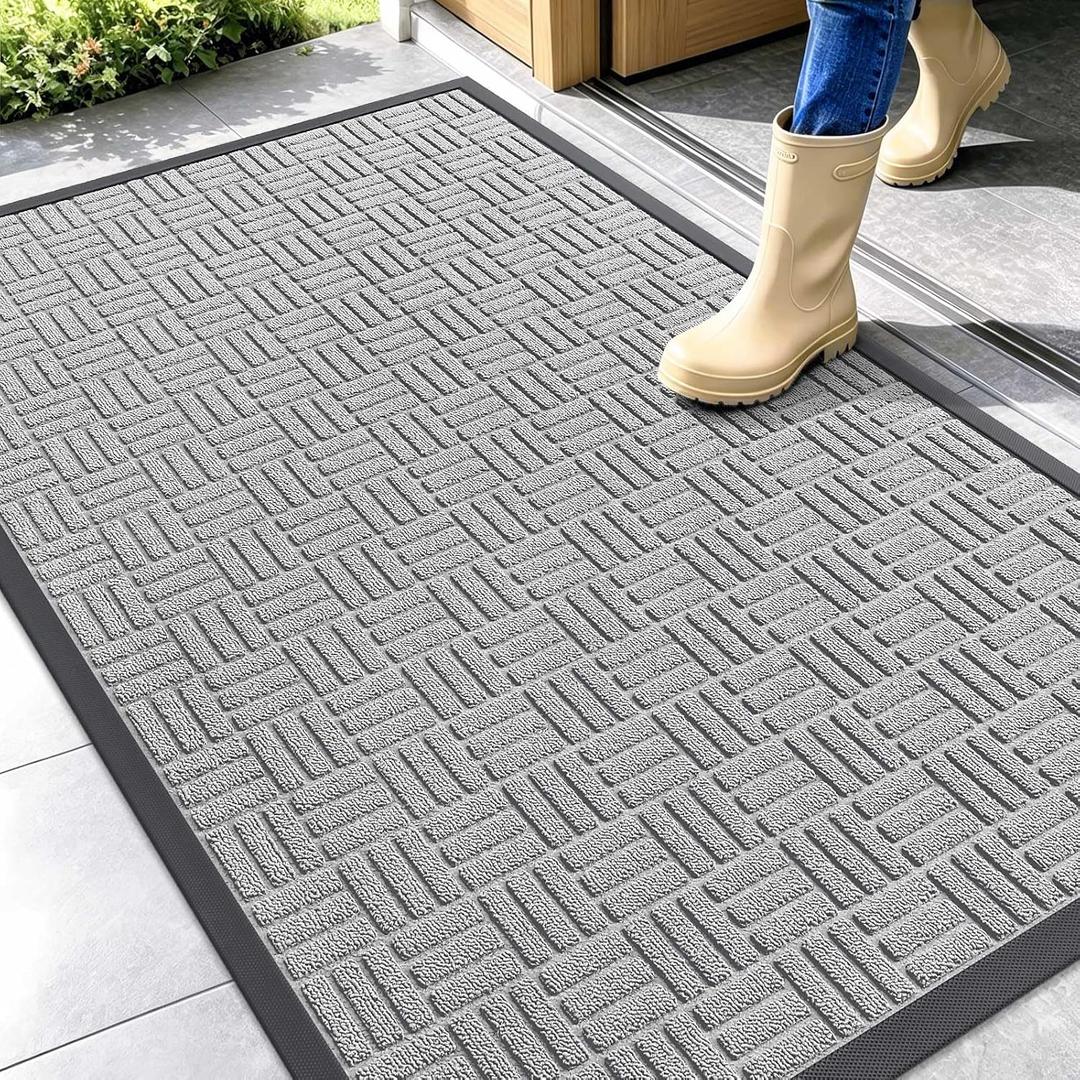 OLANLY Front Door Mat Outside Entrance 47x32, Absorbent, Heavy Duty Sturdy Natural Rubber Doormat Indoor Outdoor, Non-Slip, Stain and Fade Resistant, Low Profile Floor Mat for Entryway, Light Gray