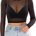 MANGOPOP Women's Short Sleeve Long Sleeve Sheer Mesh Crop Tops Tee Shirt Blouse (Black, XS)