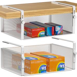 2Pack Under Shelf Basket Organizer,Adjustable Hanging Holder for Cabinet Pantry Kitchen Cupboard Desk Counter Bookshelf Organization Add-on Space Saver Heavy Duty Slide-in (White, Large)