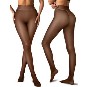 Vertvie Fleece Lined Tights Women Crotch One Seam Line Warm Sheer Pantyhose Fake Translucent Thermal Thick Tights Leggings (Small-Medium Tall)