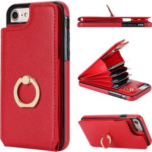 Folosu iPhone SE(2022)/SE(2020)/7/8 Wallet Case with Card Holder, 360Rotation Ring Holder Kickstand, RFID Blocking PU Leather Flip Shockproof Cover, 4.7 Inch Red