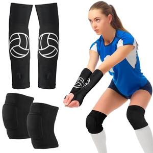 Hungdao 1 Set Volleyball Knee Pad and Arm Sleeve Volleyball Accessories Stuff Forearm Elbow Sleeve Wrist Guard with Protection Pad and Thumb Hole for Women Men Adult(Classic) 8-14 Age
