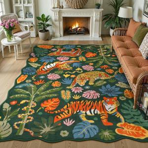 LEEVAN Jungle Animal Nursery Rugs 5x7, Washable Green Tiger Living Room Rugs Non Slip Scalloped Tiger Bedroom Rug, Low Pile Leopard Floor Carpet Leaf Print Kids Rug