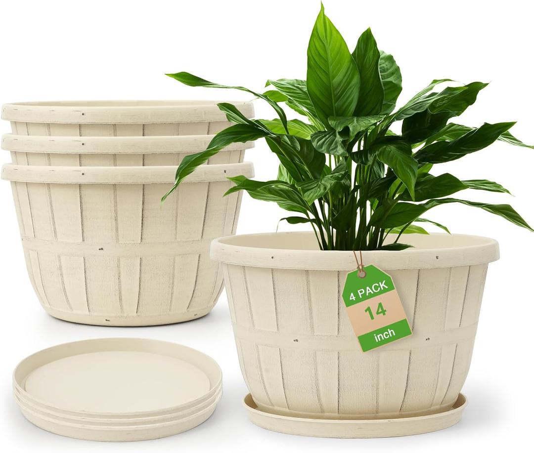 Quarut 14 Inch Plastic-Flower-Pot-for-Indoor-Plants, 4 Pack Large Outdoor Planter Pot with Drainage Holes & Saucers, Resin Decorative Garden Pots PlantersWhite (Beige)