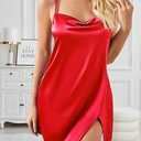 Women's Satin Nightgown Silk Mini Slips Sexy V Neck Negligee Lingerie Dress Chemise Nightwear, Red, M