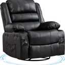 Rocking Recliner Chair for Adults Wide 360 Swivel Rocker Recliner with Cup Holder Nursery Glider with Upholstered Deep Seat PU Leather Comfy Single Sofa for Living Room Black