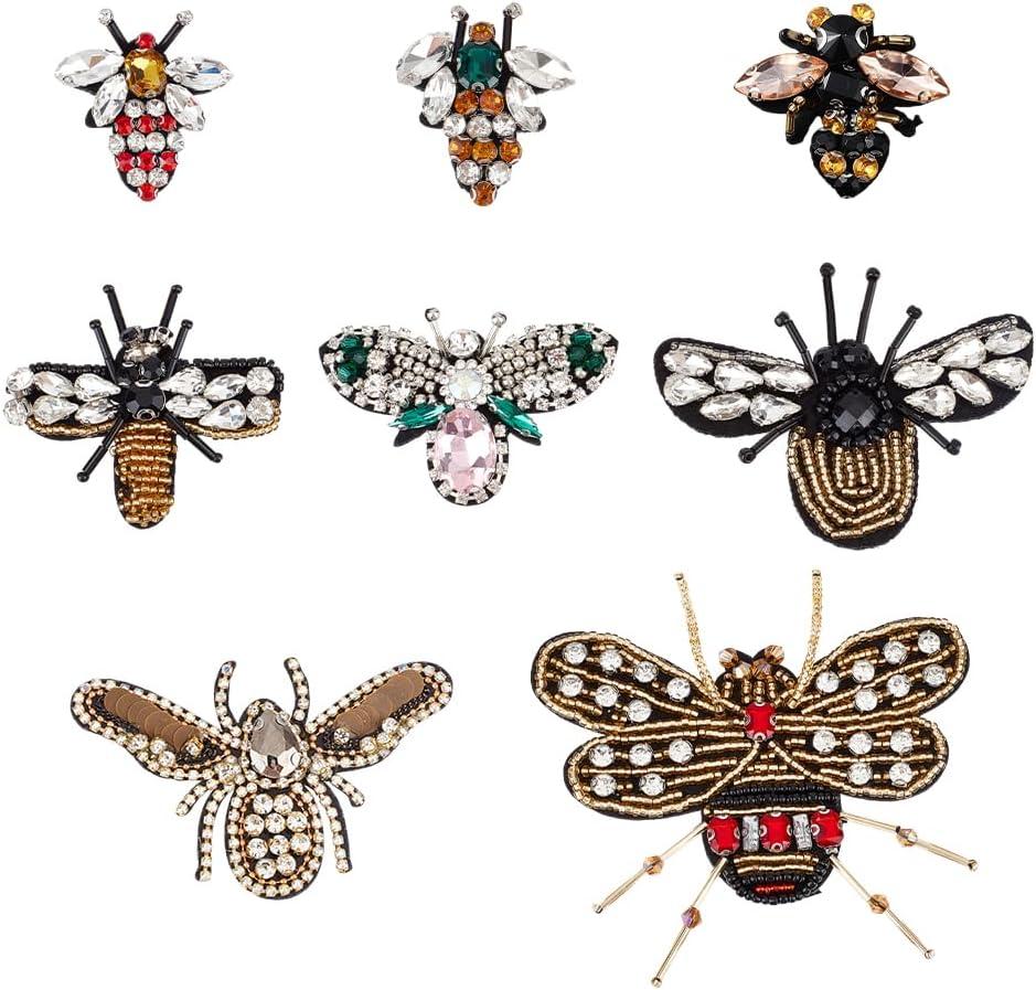 NBEADS 8 Pcs Bee Beaded Patches, 8 Styles Rhinestone Sew On Patches Crystal Appliques Rhinestone Sequin Patches for Jeans Clothing Handbag Shoes Decorative DIY Projects, Small to Medium