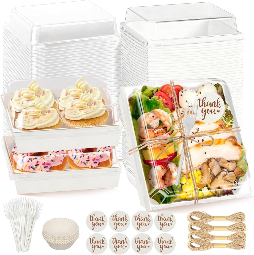 100 Pack Small Charcuterie Boxes with Clear Lids, 5.5 Inch To Go Paper Mini Food Containers, Disposable Dessert Bakery Boxes+100 Plastic Forks+100 Cupcake Liners for Cookie, Cake Slice, Sushi, White