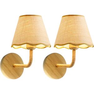Set of Two Stick-On Hand Woven Wall Sconces, Battery Operated Wireless Wall Sconces with Remote Controlled, Adjustable Brightness Living Room Wall Decor(E26 Bulb Included)