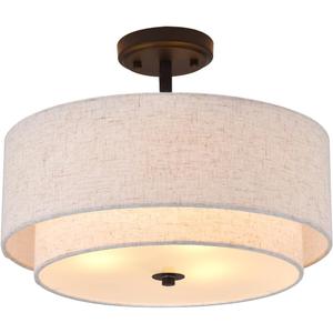 3-Light Semi Flush Mount Ceiling Light Fixture, 16" Black Drum Light Fixture with 2-Laye Fabric Shade Lamps, Modern Close to Ceiling Light for Bedroom Living Dining Room Kitchen Hallway Entryway