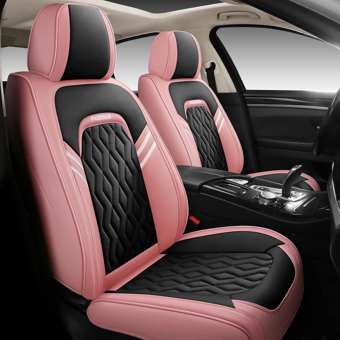 BGYFDU02 Seat Cover 5-Seater Full set, Universal Type, Suitable For Most Cars, Cars, SUV, Trucks, Pickup Ttrucks, Airbags Compatible With Synthetic Leather Car Seat Cushion Protectors (Black and Pink)
