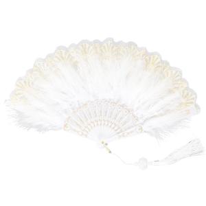 Fumwase Foldable Feather Fan Embroidered Flower Handheld Chinese Folding Fans 1920s Feather Fan Flapper Hand Fan for Costume Party Wedding Dancing Decoration (White)