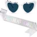 Birthday Girl Sash & Glasses Set, Birthday Sash for Women Girls, Silver 70.8" x 3.75", Happy Birthday Accessories Party Favors Set for Women Girls