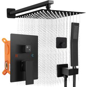 Shower Faucet Set - 12" Matte Black Shower Head and Handle Set : Ceiling Rainfall Shower System with Square Rain Shower Head and High Pressure Handheld Spray Combo, Shower Valve and Trim Kit