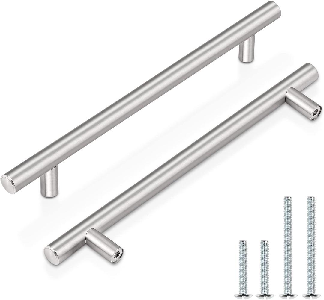 Probrico 12 Pack 7-1/2 Inch Cabinet Handles in Brushed Nickel, Round T Bar Pulls Black Drawer Handles for Kitchen Cupboard, Hardware, 10 Inch Total Length