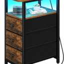 Yoobure End Table with Charging Station, LED Narrow Side Table Bedside Table, Small Night Stand End Tables Living Room, Skinny Nightstand with 3 Fabric Drawers, Side Tables Bedroom for Small Spaces (Rustic Brown)
