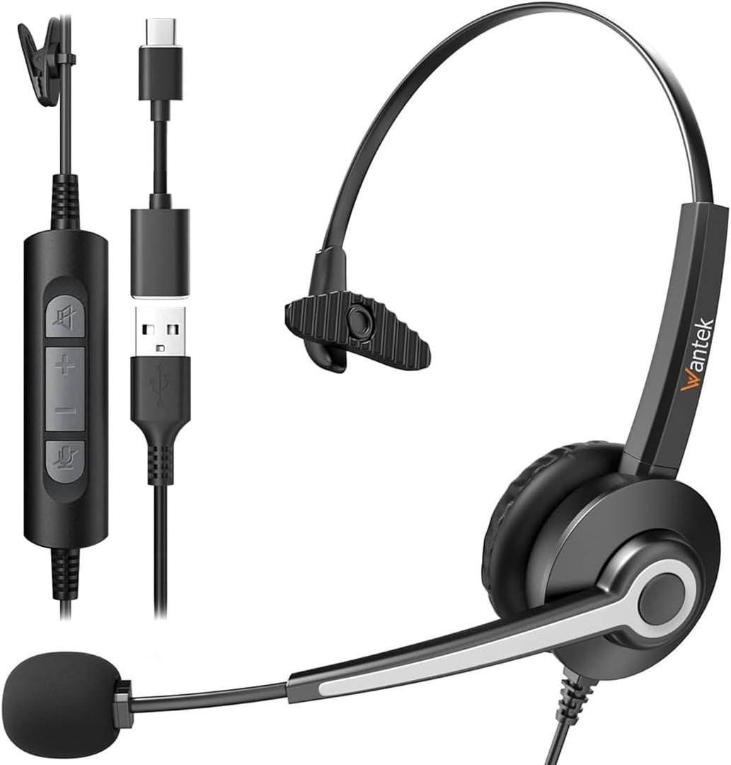 Wantek Monaural Corded USB Headsets with Noise Cancelling Mic and in-line Controls, UC Business Headset for Skype, SoftPhone, Call Center