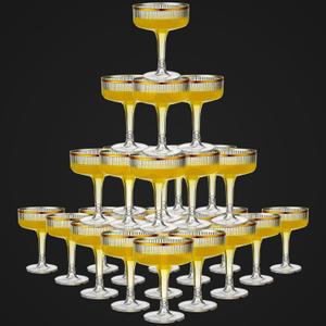 Set of 24 Champagne Tower 7 oz Plastic Champagne Coupe Glasses Set Stackable Plastic Ribbed Martini Glasses Unbreakable Acrylic Cocktail Coupe Cups for Wedding Birthday (Glitter,Gold)