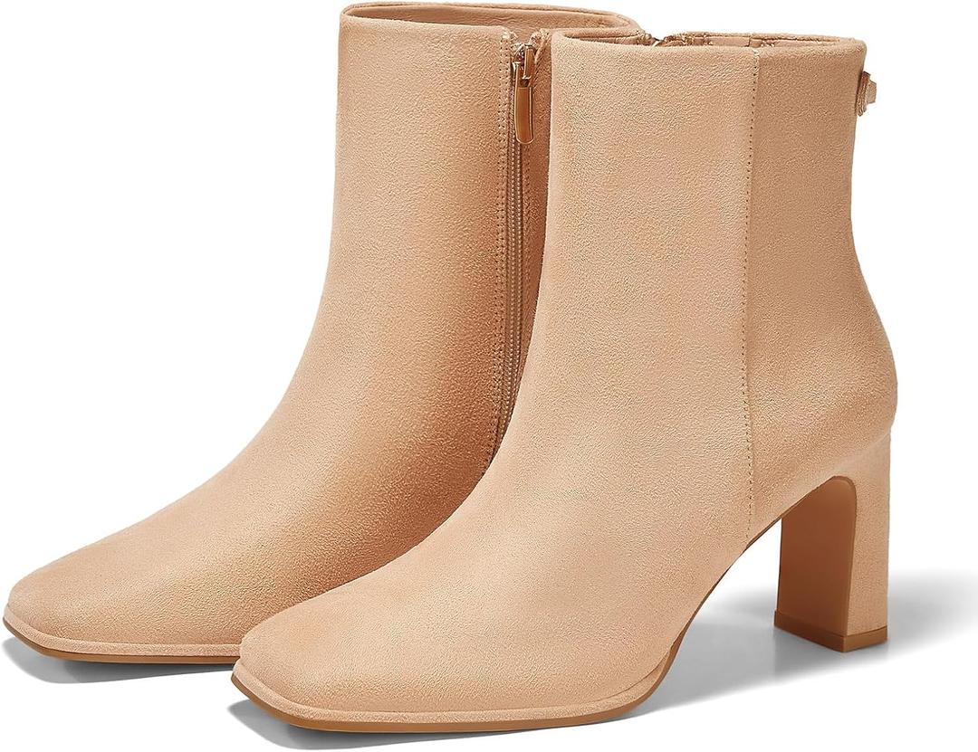 Coutgo Women's Square Toe Ankle Boots Chunky Block Heel Side Zipper Booties Faux Suede Winter Shoes (9, Khaki)