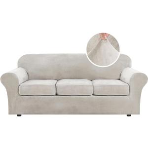 H.VERSAILTEX Modern Velvet Plush 4 Piece High Stretch Sofa Slipcover Sofa Cover Furniture Protector Form Fit Luxury Thick Velvet Sofa Cover for 3 Cushion Couch Width Up to 90 Inch (Sofa, Oatmeal)