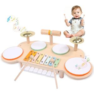Toddler Drum Set - Montessori Toys for 2 Year Old, Wooden Baby Musical Instruments for Toddlers 2-5, Preschool Learning Musical Toys with Xylophone, Piano, Birthday Gifts for 18 Months Boys Girls, Large