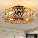 20 Inch Boho Caged Bladeless Ceiling Fan with Light,Flush Mount Rattan Fandelier Ceiling Fans Lights and Remote Contro,Enclosed 6 Speeds Low Profile Farmhouse Fan Light for Bedroom,Kitchen,Living Room