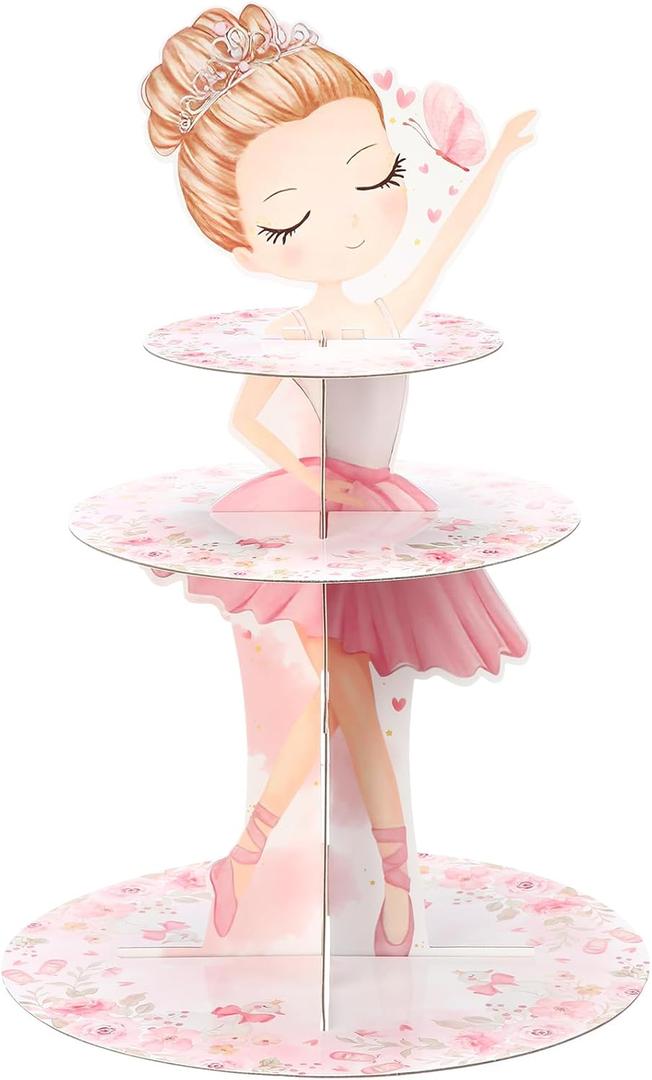 Honeydak 3 Tier Ballerina Party Cupcake Stand Decorations Pink Ballerina Theme Cupcake Holder Decorations Dancing Girl Ballet Dessert Tower for Ballet Tutu Dancer Pink Party Birthday Supplies