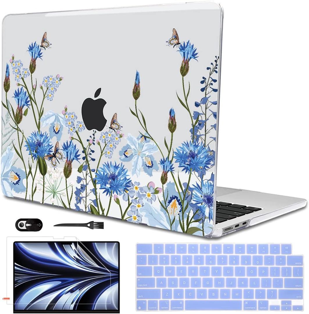 Compatible with MacBook Air 13 inch Case M5 2026 2025-2022 A3449 A3240 M4 A3113 M3 A2681 M2 Chip, Crystal Pattern Plastic Hard Case Cover for Mac Air 13.6 M5 Touch ID, Tropical Blue Flowers
