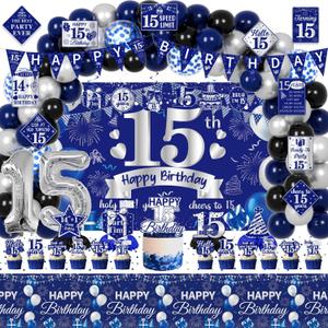 15th Birthday Decorations for Boys, 113Pcs Blue Silver 15 Years Old Boy Bday Party Decor Supplies for 15th Teenager - Backdrop, Banner, Tablecloth, Centerpieces, Hanging Swirls, Wall Signs