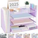 OPNICE Desk Organizer, 4-Tier Desktop File Organizer with Drawer and 2 Pen Holders, Office Desk Accessories, File Sorters, Workspace Organizers for Office Supplies(Purple)