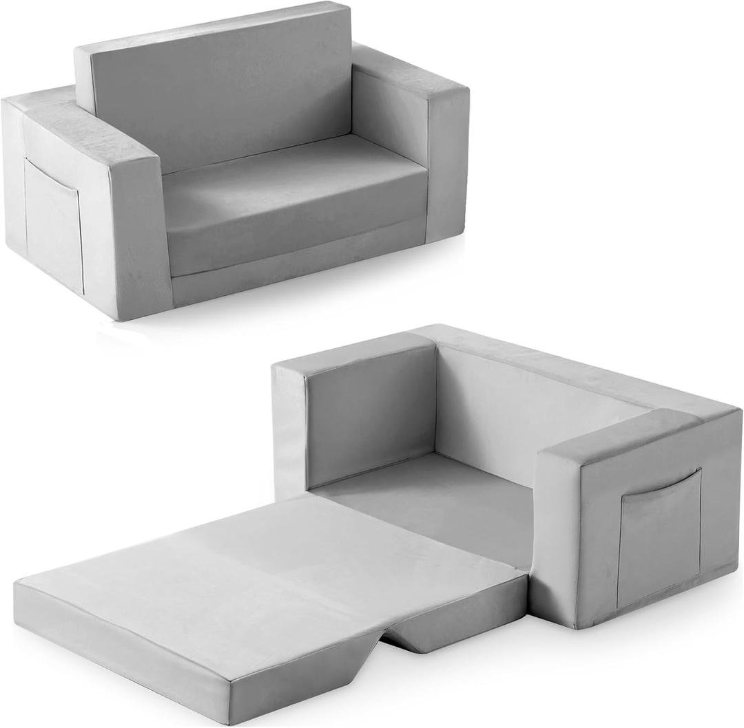 Kids Couch, 2-in-1 Toddler Chair Comfy 1-3 Years, Convertible Kids Chair, Toddler Couch That Fold Out, Kid Lounge Chairs for Boys and Girls, Soft Coral Fleece, Double, Grey (Large)