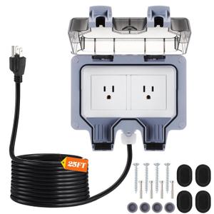 Kanayu 25ft Outdoor Outlet Box with Extension Cord, Dual 15 Amp 5-15 Receptacles Weatherproof Waterproof Ip66 Outdoor Exterior Socket with Cover, 14 AWG/3C SJTW Cord