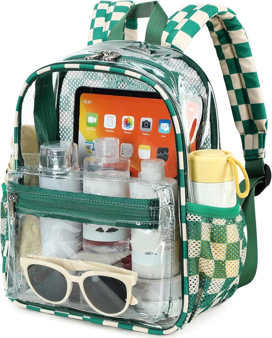Clear Mini Backpack for Stadium Events 12x12x6 Small Transparent Backpacks Plastic See Through Clear Bag for Concerts Work Festival Security Travel (Green White-checkered)