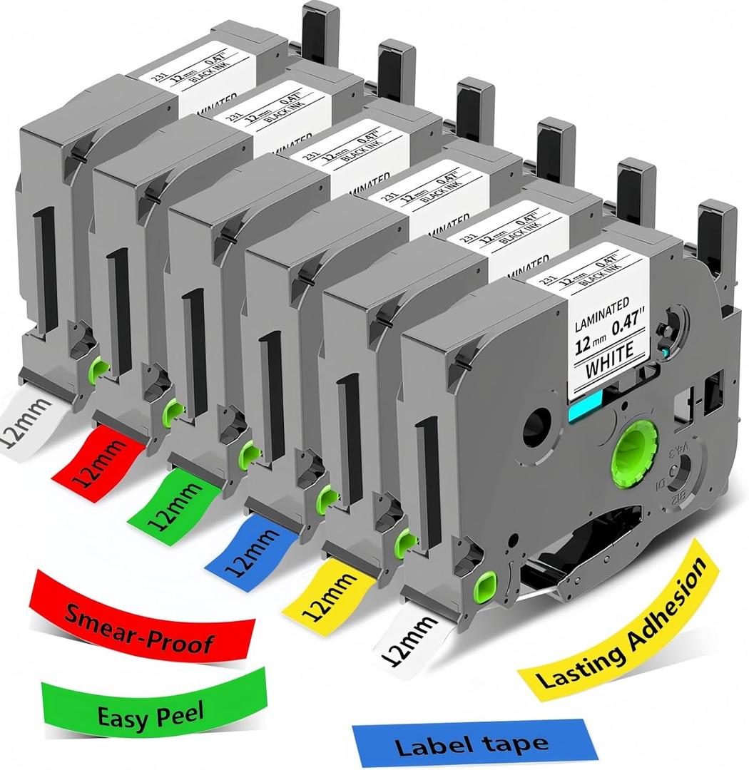 6-Pack Label Maker Tape Replacement 12mm 0.47 White Laminated for P Touch, Compatible with PTouch TZ-TZe 1/2" Black & Color TZE231 for PT-D220 D210 H110 D200 D400 D610BT Refills (Black on Colorful)