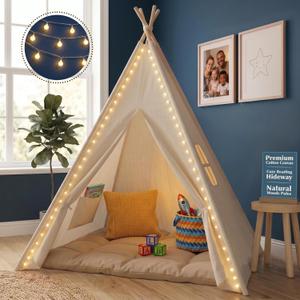 Teepee Tent for Kids, Indoor & Outdoor Adventure Teepee Tent with LED Light, Premium Cotton Canvas & Natural Wood Poles, Easy Assembly, Play Tent for Boys & Girls Ages 3-10, 47.2L x 59H inches