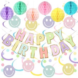 meowtastic Pastel Birthday Decorations - Macaron Happy Birthday Banner, Honeycomb Balls, Smiley Face Swirls Streamers, Circle Dots Decorations