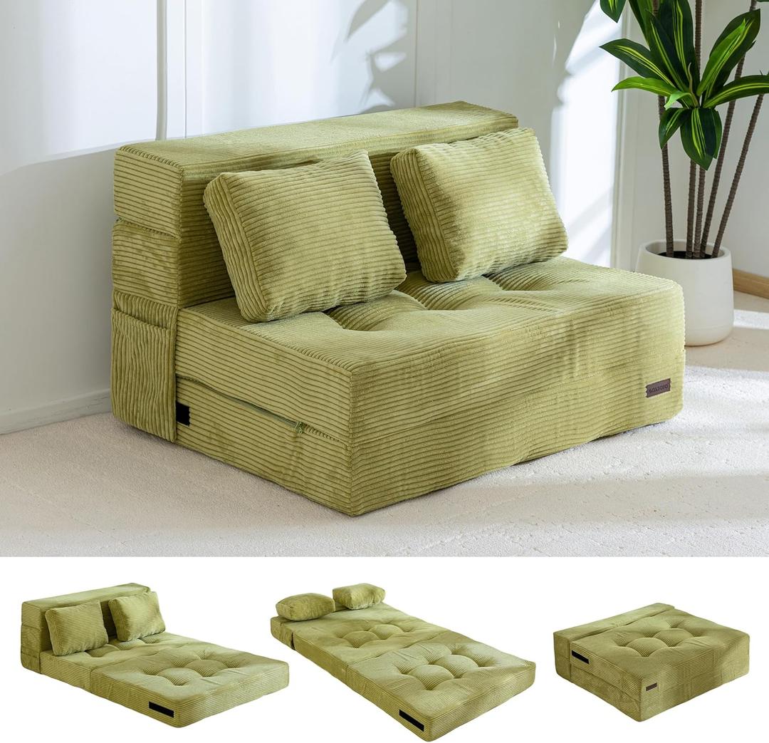 MAXYOYO Convertible Sofa Bed, Fold Out Sleeper Sofa with Pillow, 4 in 1 Tufted Folding Couch Bed Foam Floor Couch, Lazy Chair for Living Room Bedroom Guest Room, Green (Full)