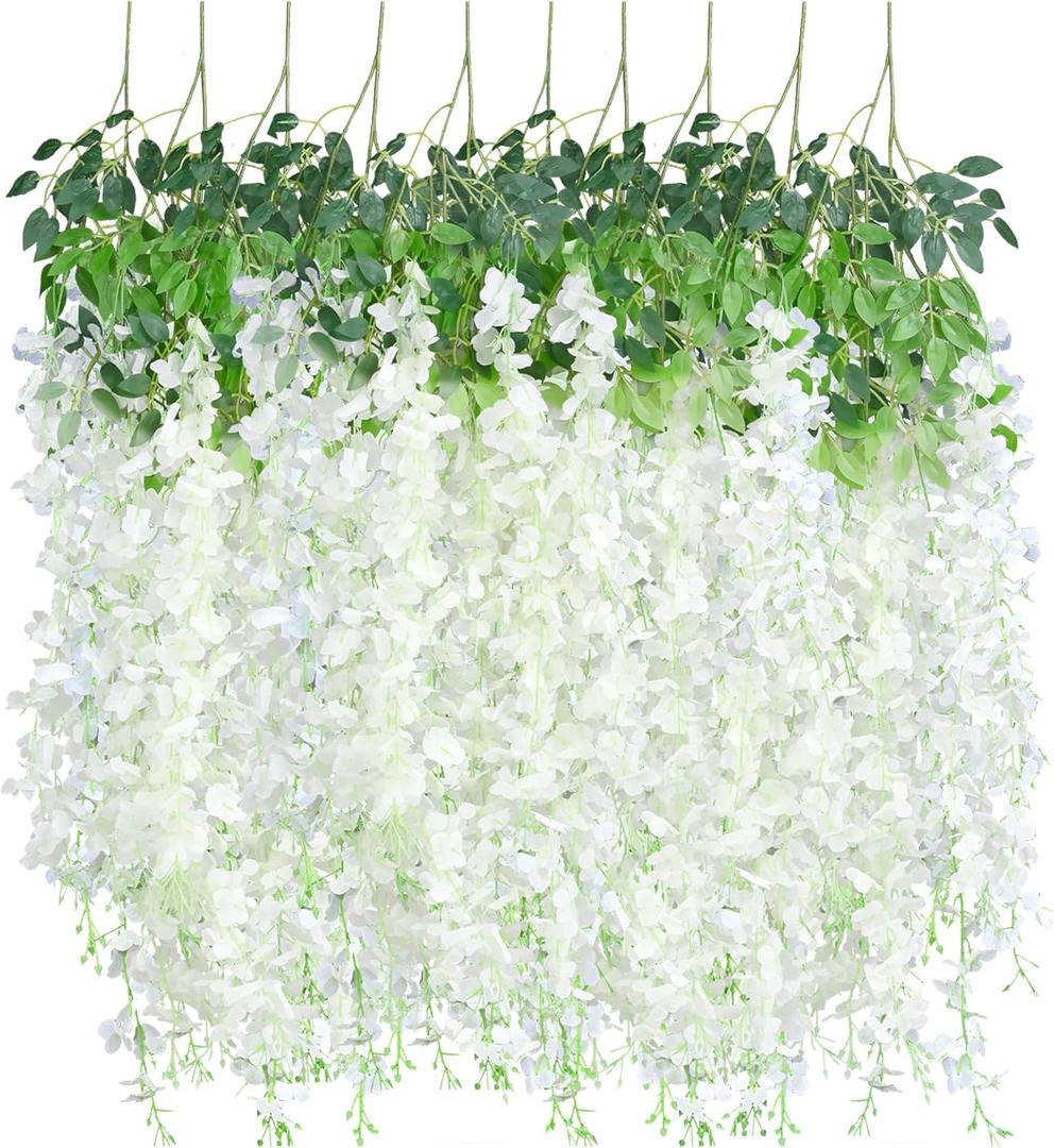 10 Pack Artificial Wisteria Hanging Flowers 3.6 Feet/Piece White Dense Fake Wisteria Vine Ratta Hanging Garland Silk Flowers String for Home Wedding Arch Wall Party Garden Decor
