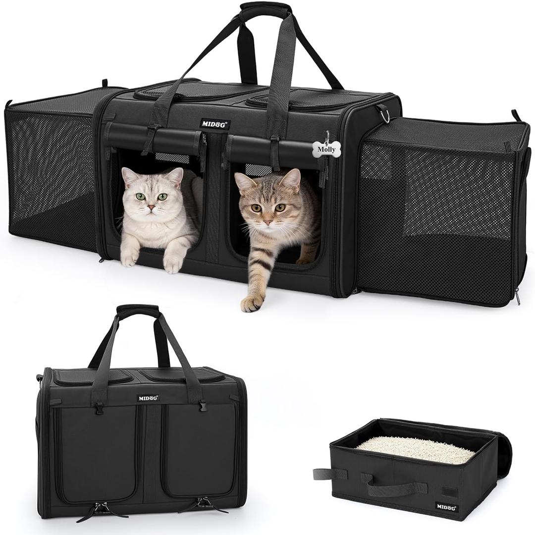 MIDOG 2 Cat Carrier with Litter Box, Expandable Dual Compartment Cat Carrier for 2 Cats, Large Soft Sided Double Pet Carrier for Car Travel, Moving