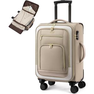 LOVEVOOK 49L Carry on Luggage 22x14x9 Airline Approved, 22 Inch Large Rolling Suitcase with Suit Folder & Spinner Wheels, Lightweight Underseat Carryon Luggage for Women Travel Business with TSA Lock (Khaki-beige)